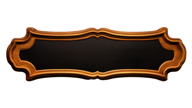 Rectangular wooden sign with intricately carved border on transparent background