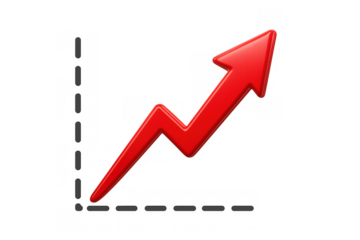Red zigzag arrow pointing up, illustrating business and financial growth, increase, progress, and success on a transparent background