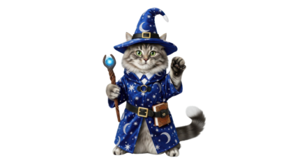 Funny cat dressed as a wizard with stars and moons isolated PNG with Transparent Background