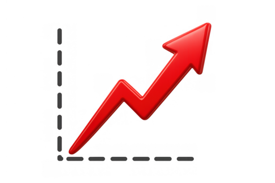 Red zigzag arrow pointing up, illustrating business and financial growth, increase, progress, and success on a transparent background