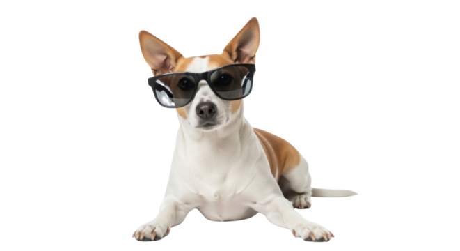 Cute dog wearing sunglasses lying down isolated PNG with Transparent Background