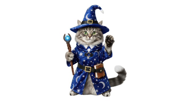 Funny cat dressed as a wizard with stars and moons isolated PNG with Transparent Background