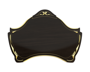 Ornate black sign with gold detailing on transparent background