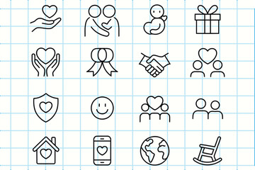 Collection of hand drawn icons representing love family care and community