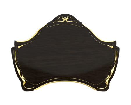 Ornate black sign with gold detailing on transparent background