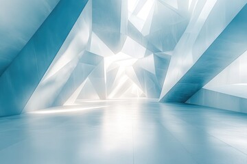 A futuristic, abstract architectural interior with sharply angled geometric forms, bathed in bright, ethereal light. Modern design with a serene, expansive feel.