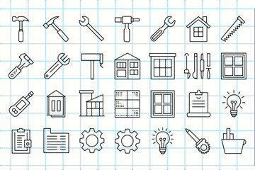 Collection of hand drawn construction and building icons on grid paper