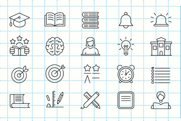 Collection of hand drawn education and learning icons on a grid background