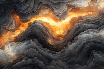 Vibrant orange and yellow light illuminates a dark, textured chasm, resembling molten earth or cosmic energy flowing through layered rock.