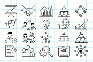 Business concept icons hand drawn on a grid background