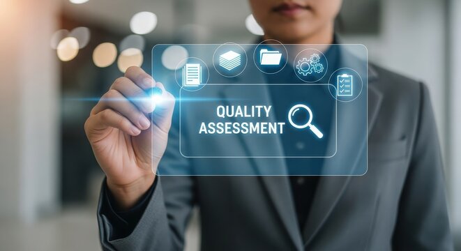 Business professional analyzing quality assessment data on a digital interface