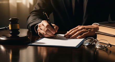 Man in a suit signing a document in a courtroom setting with a gavel and law books present.