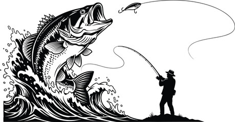 Fishing scene vector, largemouth bass jump, sport fishing moment, angler silhouette graphic, water splash illustration, editable flat design, icon art