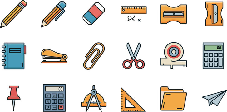 Set of colorful cartoon office and school stationery icons.