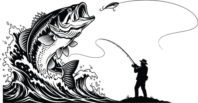 Fishing scene vector, largemouth bass jump, sport fishing moment, angler silhouette graphic, water splash illustration, editable flat design, icon art