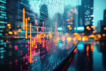 Dynamic digital bar graphs overlay a rainy city skyline, reflecting an urban landscape infused with data visualization and technological insights, vibrant and futuristic.