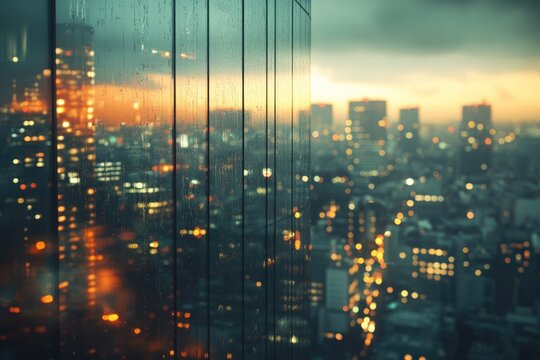 A rain-streaked window frames a blurred cityscape at twilight. Glowing city lights create a beautiful bokeh, capturing the serene urban ambiance perfectly.
