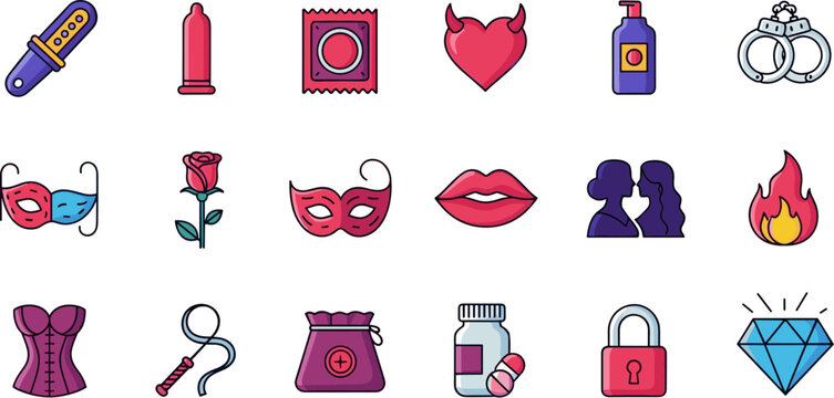 A diverse collection of colorful icons representing love sex and romance.