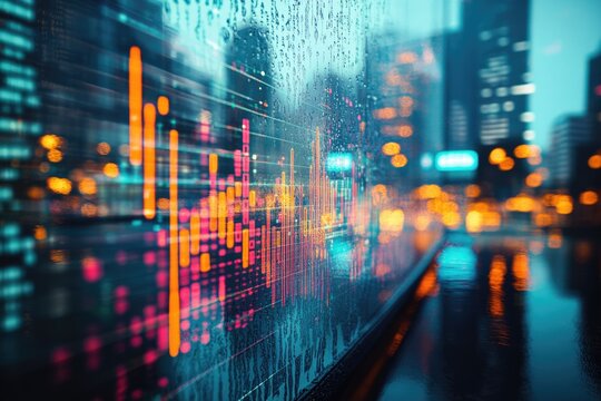 Dynamic digital bar graphs overlay a rainy city skyline, reflecting an urban landscape infused with data visualization and technological insights, vibrant and futuristic.