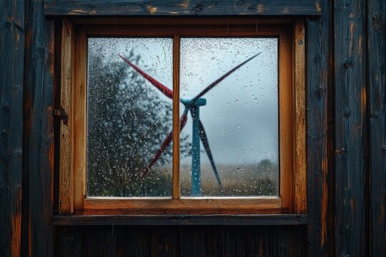 Rain-streaked window of a rustic wooden structure, framing a colorful, distant wind turbine against a muted sky, combining nature and renewable energy.