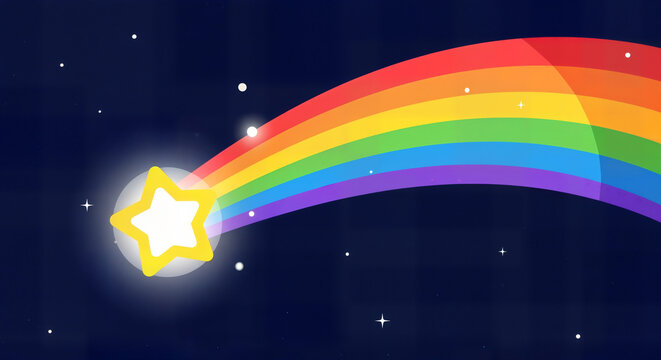 A glowing yellow star with a bright aura trails a colorful rainbow arc across a dark blue night sky filled with tiny white stars, creating a magical celestial scene. - Powered by Adobe