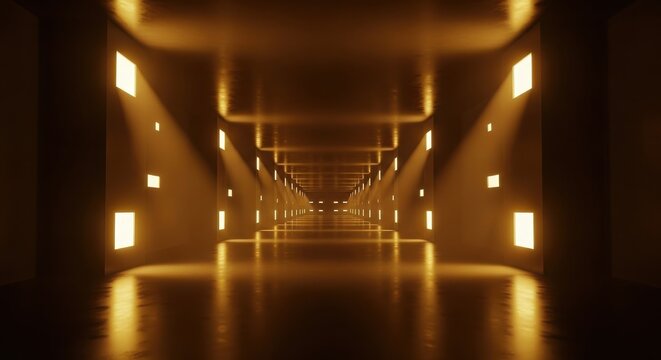 Golden futuristic tunnel with glowing rectangular lights