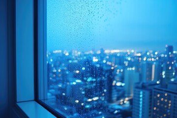 Fototapeta premium Rain-kissed window frame captures a tranquil blue city skyline at night. Blurred urban lights create a dreamy, atmospheric bokeh view.