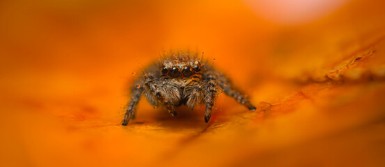 An aesthetically pleasing and impressive close-up photo of a spider. Spider species; Jumping spider. Natural background.