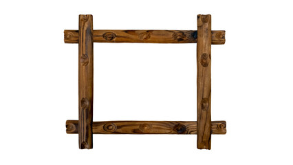 Rustic wooden frame made of natural logs with visible knots, warm brown wood texture and handcrafted appearance. Simple square shape isolated on transparent PNG background, suitable for crafts