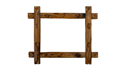 Rustic wooden frame made of natural logs with visible knots, warm brown wood texture and handcrafted appearance. Simple square shape isolated on transparent PNG background, suitable for crafts