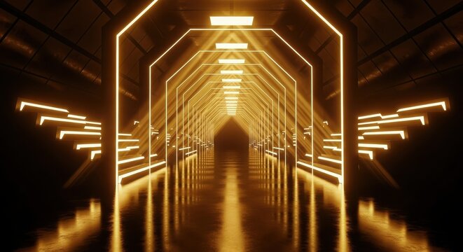 Futuristic neon tunnel with golden geometric lights