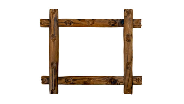 Rustic wooden frame made of natural logs with visible knots, warm brown wood texture and handcrafted appearance. Simple square shape isolated on transparent PNG background, suitable for crafts