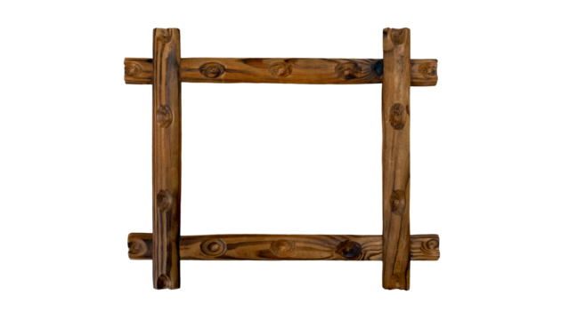 Rustic wooden frame made of natural logs with visible knots, warm brown wood texture and handcrafted appearance. Simple square shape isolated on transparent PNG background, suitable for crafts