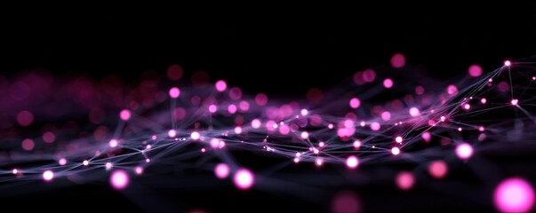 A vibrant abstract design featuring glowing pink dots and lines on a dark background, suggesting a digital or technological theme.