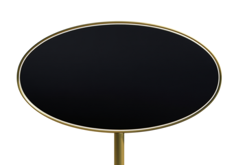 Modern round black table with gold rim and single gold leg on transparent background