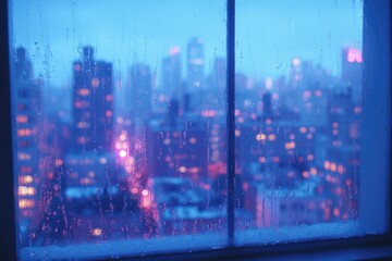 Rain-streaked window frames a blurry, atmospheric city skyline at dusk/night, with vibrant blue and magenta lights creating a dreamy bokeh.
