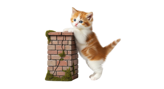 Orange tabby kitten leaning on a small brick column isolated PNG with Transparent Background