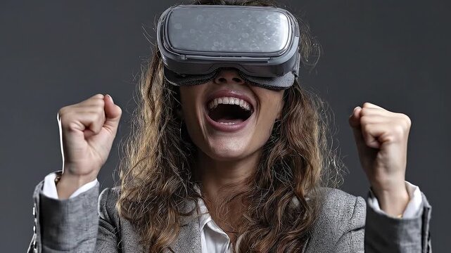 Woman in VR headset cheers fists clenched mouth open in excitement