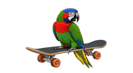Colorful Parrot riding a skateboard illustration isolated PNG with Transparent Background