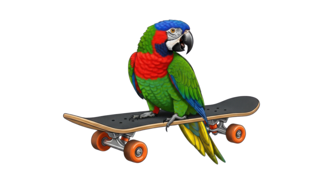 Colorful Parrot riding a skateboard illustration isolated PNG with Transparent Background