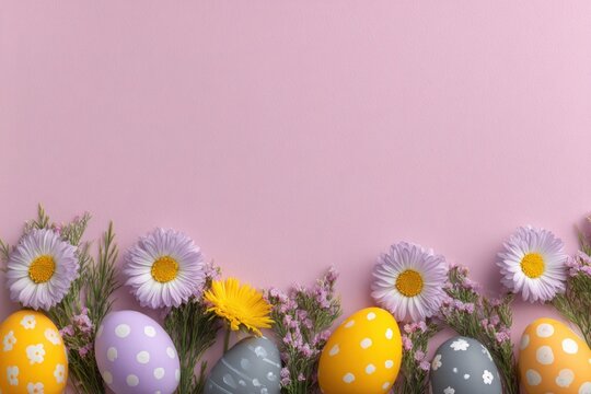 Pastel Easter arrangement decorated eggs, flowers, and greenery against a pink backdrop