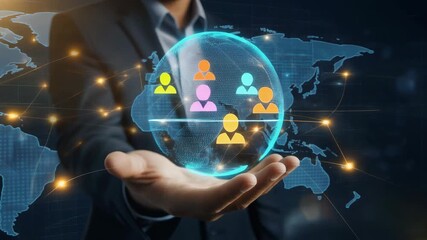 Man Holding a Glowing Globe with Colorful Human Icons Representing Global Connections and Networking - Powered by Adobe