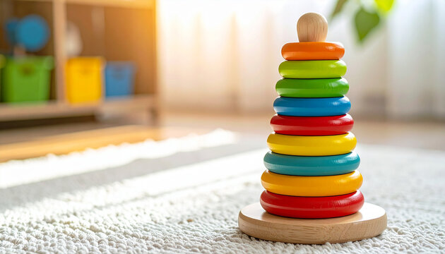 Brightly colored wooden ring stacking tower toy with multiple vibrant rings. Early childhood learning