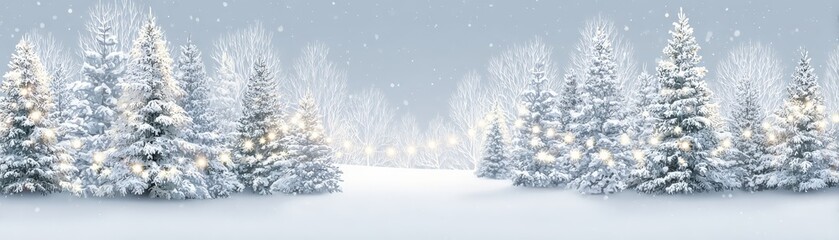 A serene winter landscape featuring snow-covered trees under a soft, snowy sky, creating a peaceful and magical atmosphere.