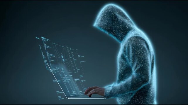 A man is typing on a laptop while wearing a hoodie. Concept of privacy and secrecy, as the man is likely working on something confidential or private. The hoodie adds to the overall mood of the image