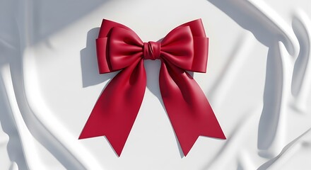 A beautiful deep red satin ribbon bow with flowing tails, casting soft shadows on a textured white surface
