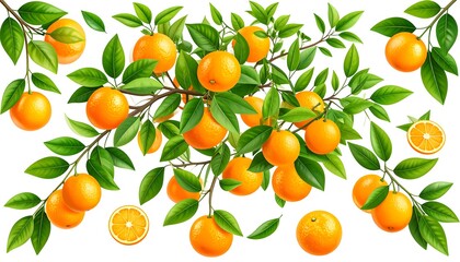 Ripe oranges with vibrant green leaves hang on branches.