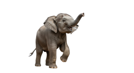 Young elephant calf walking with trunk raised isolated PNG with Transparent Background
