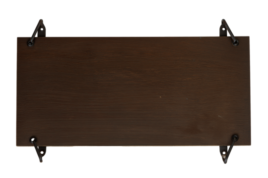 Polished wooden panel with black metal brackets on transparent background