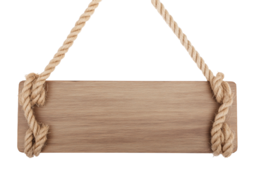 Rustic wooden sign with knotted ropes on transparent background